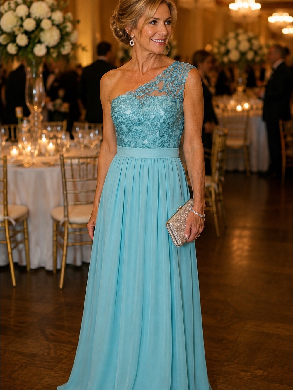 One-Shoulder Lace Bodice Chiffon Maxi Dress - Aqua Blue